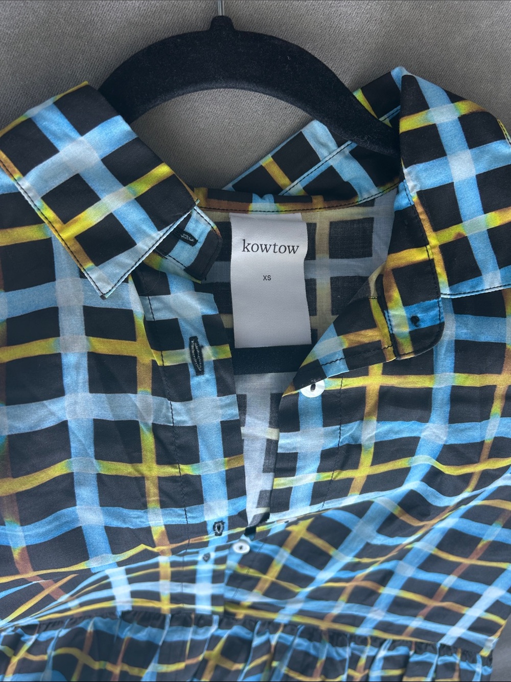 Kowtow Women's Blue & Yellow Plaid Button-Down Shirt Dress